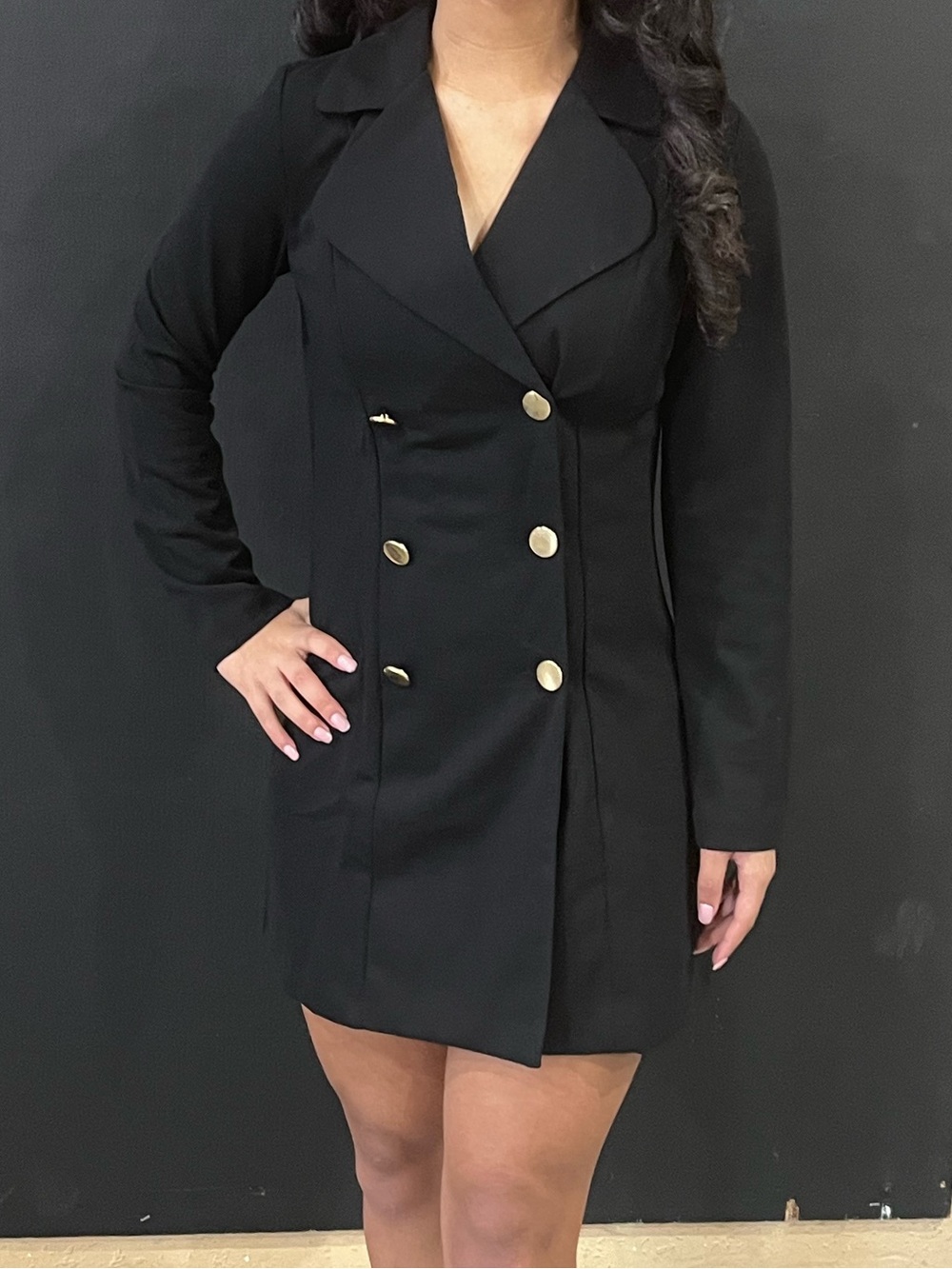 Black Double-Breasted Blazer Dress with Gold Buttons